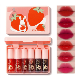 quixao 6 colors strawberry lip tint set | cute bunny design | long lasting moisturizing lip tint | portable makeup gift set