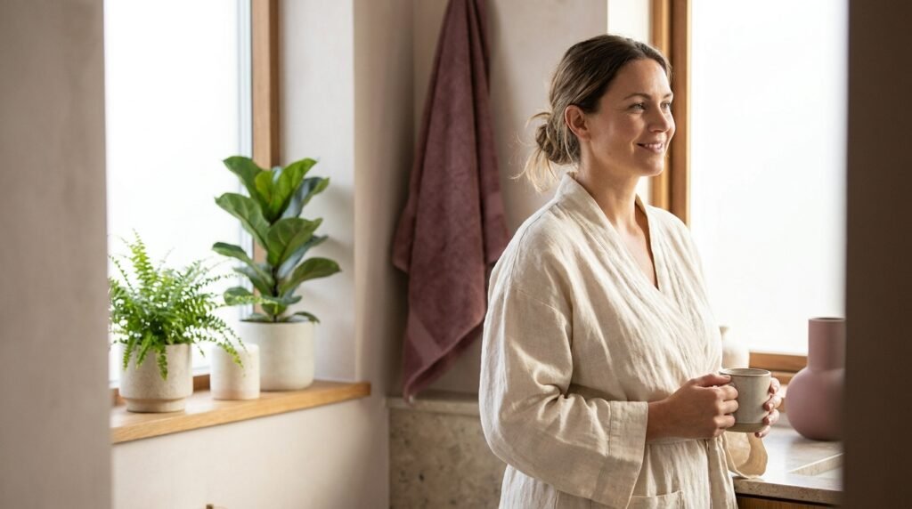 Woman in a cream robe by a bright window feeling fresh and balanced
