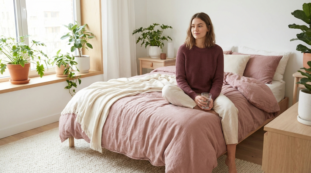 Serene woman sitting calmly in soft morning light — vaginal pH balance and wellness