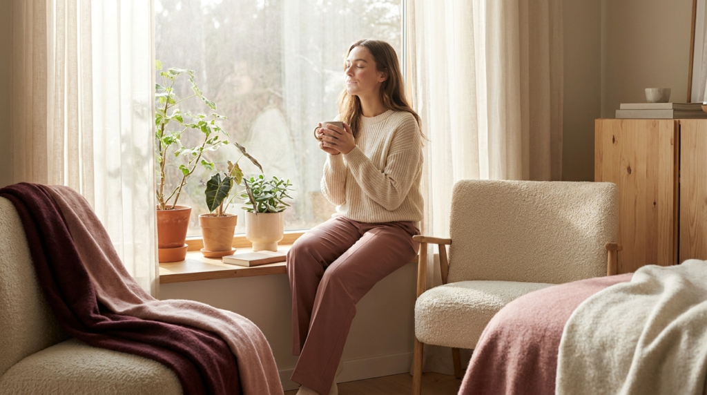 Woman taking a calm relaxing breath by a sunlit window