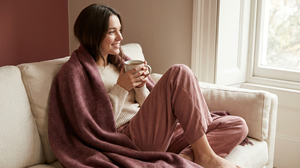 Woman resting comfortably with a cup of tea on a cozy sofa