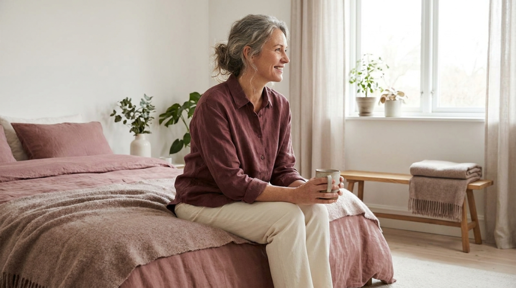 Confident woman smiling serenely in soft natural light