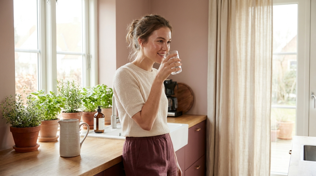 Woman drinking a glass of water staying hydrated in a bright kitchen
