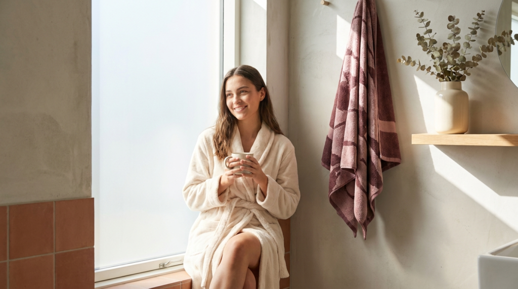 Calm confident woman in a cream robe in a bright bathroom