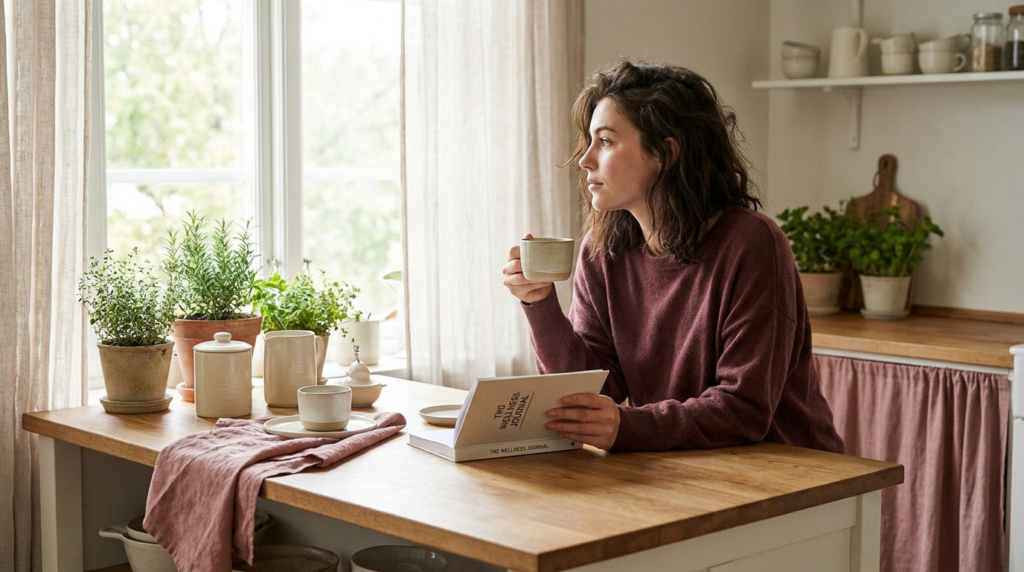 Thoughtful woman with tea in a bright kitchen considering wellness choices
