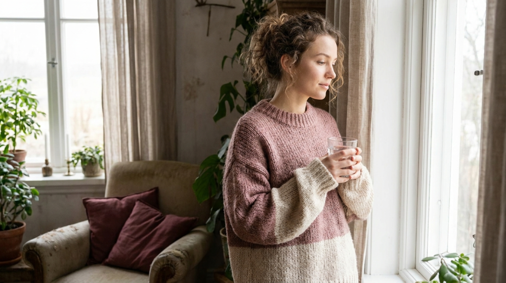 Woman in a knit sweater holding a glass of water by a window