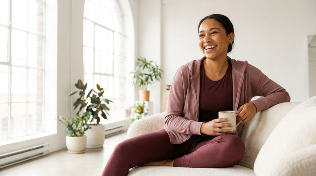 Happy healthy woman in athleisure in a bright airy room