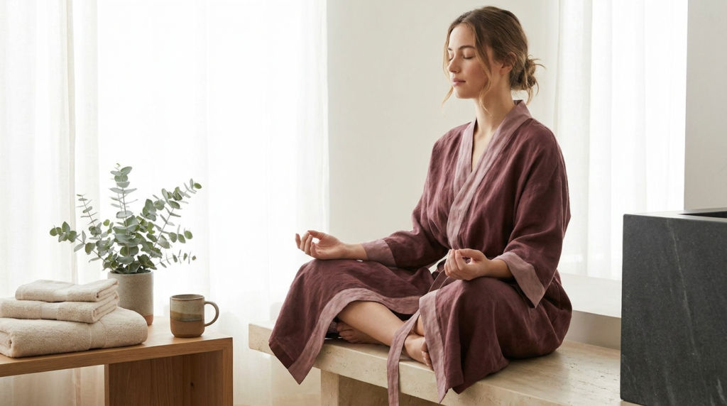 Serene woman in a soft robe in a calm minimal bathroom