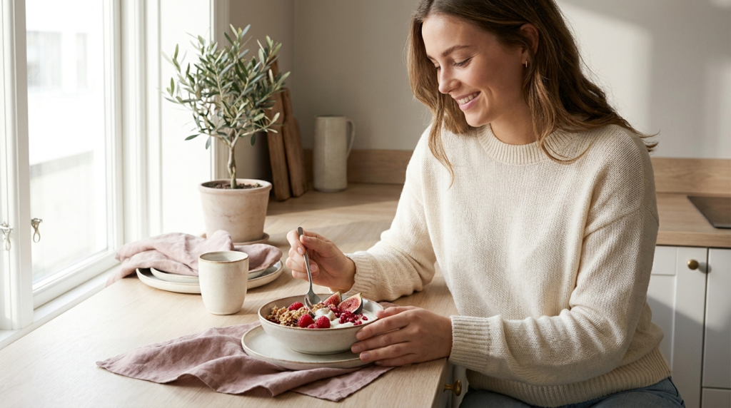 Woman enjoying a healthy yogurt and fruit breakfast bowl