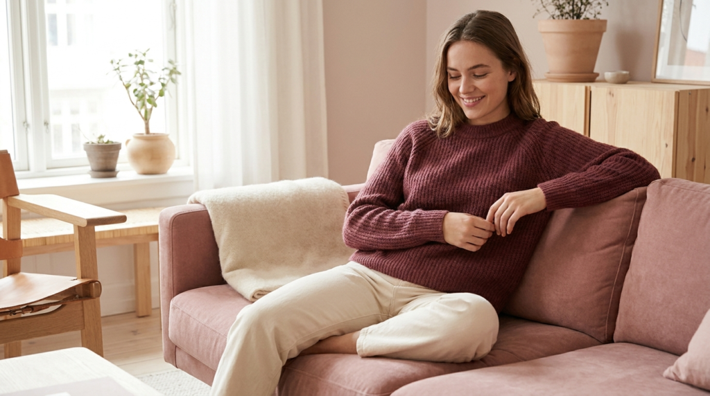 Woman feeling comfortable and content in a bright room