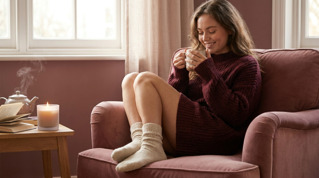 Woman in a cozy self-care moment with a candle and tea