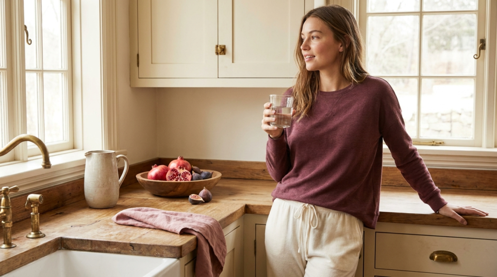 Woman starting her morning with a glass of water at a sunny counter