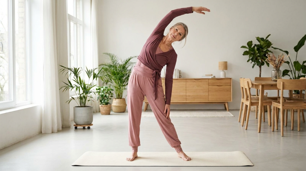 Active vital woman doing a gentle stretch in a bright room