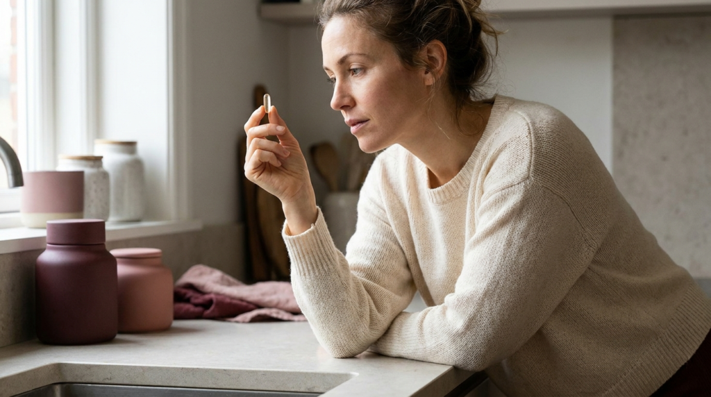 Woman thoughtfully examining a supplement capsule