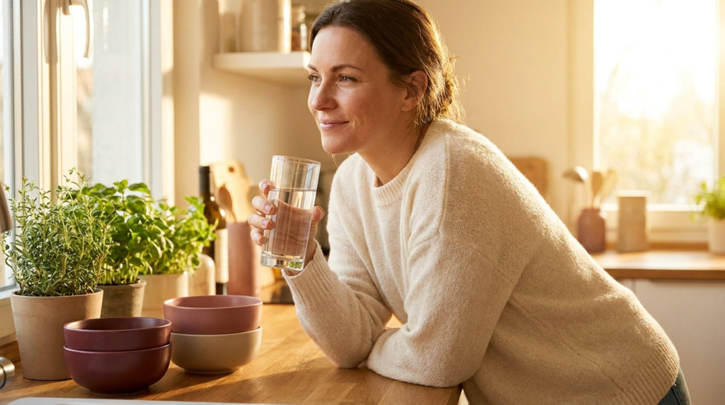 Refreshed woman drinking a glass of water in a sunny kitchen