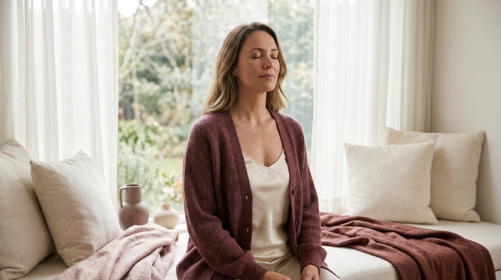 Woman taking a calm deep breath by a window
