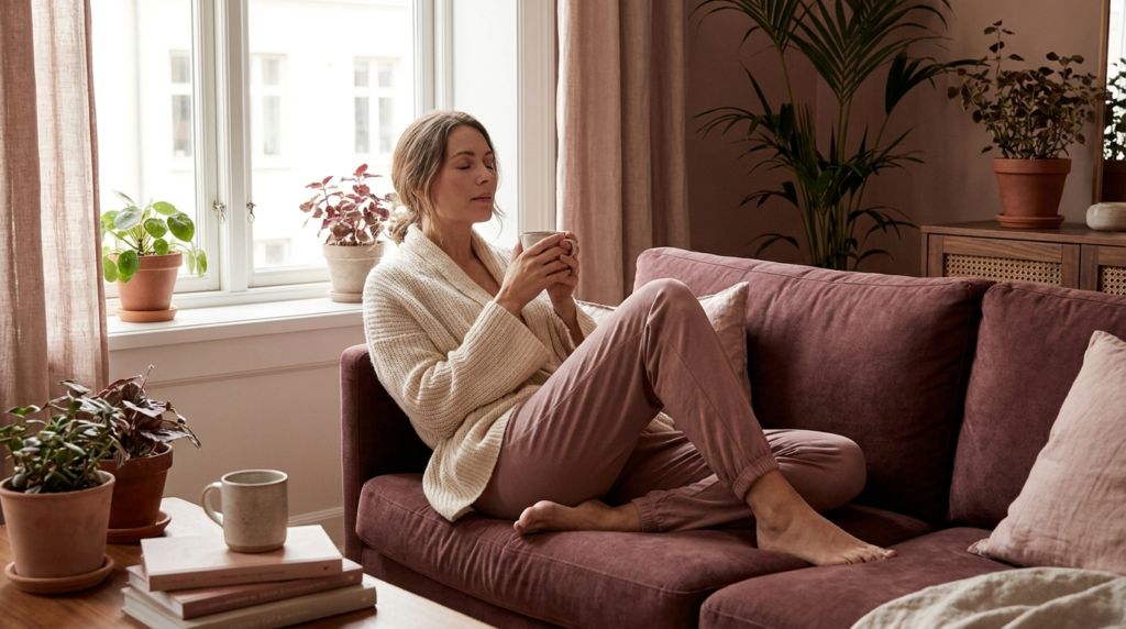 Woman unwinding calmly in a quiet relaxed moment at home
