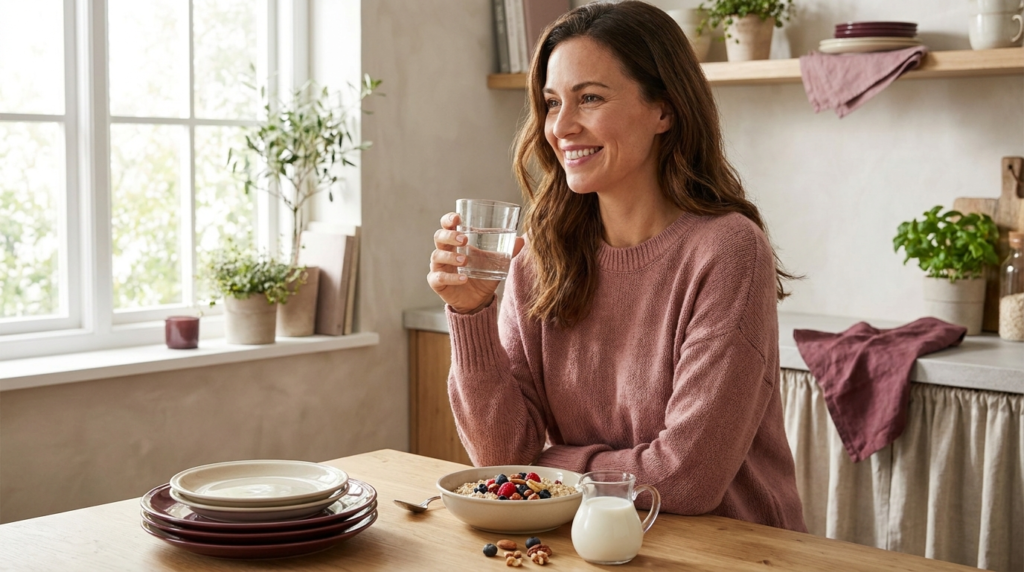 Woman with water and a wholesome breakfast in a bright kitchen