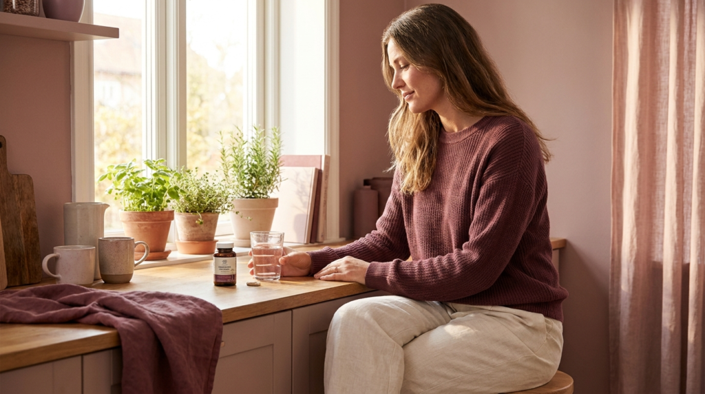 Woman taking a daily supplement with water in a sunny kitchen