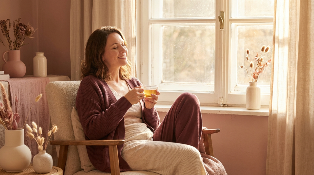 Woman enjoying warm soft sunlight by a bright window