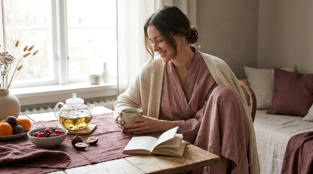 Woman with a calm healthy morning routine with herbal tea and fruit