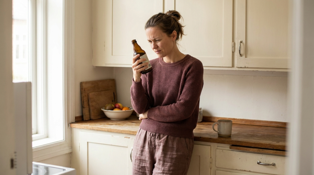 Woman reading the back of a supplement bottle thoughtfully