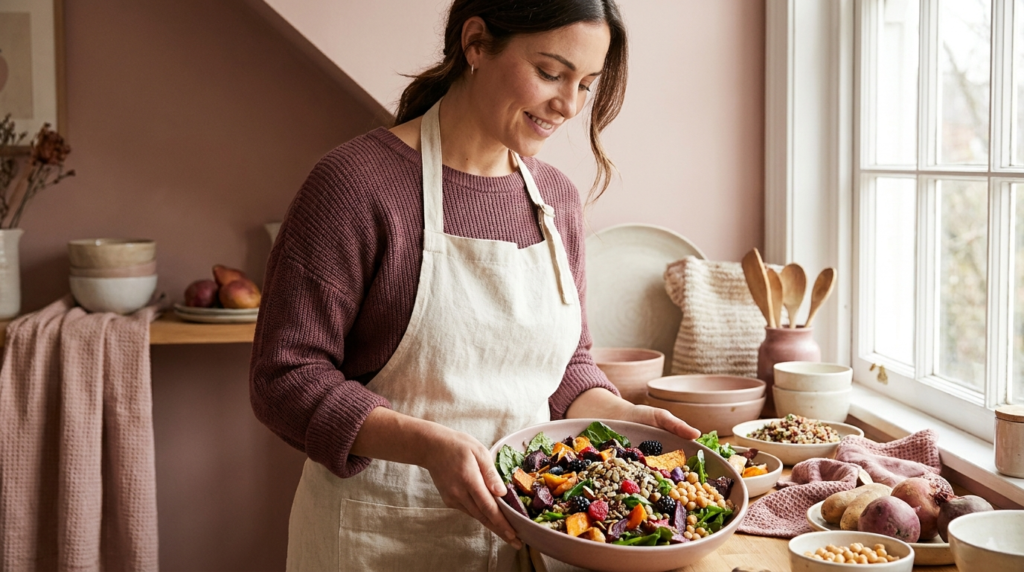 Woman preparing a colorful fiber-rich salad in a bright kitchen