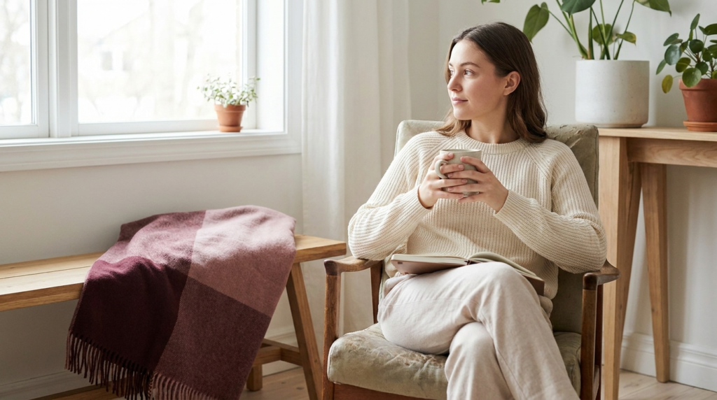 Woman with a planner and tea sitting by a bright window