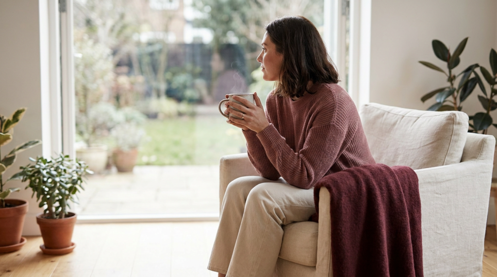 Thoughtful woman sitting calmly by a window with a cup of tea
