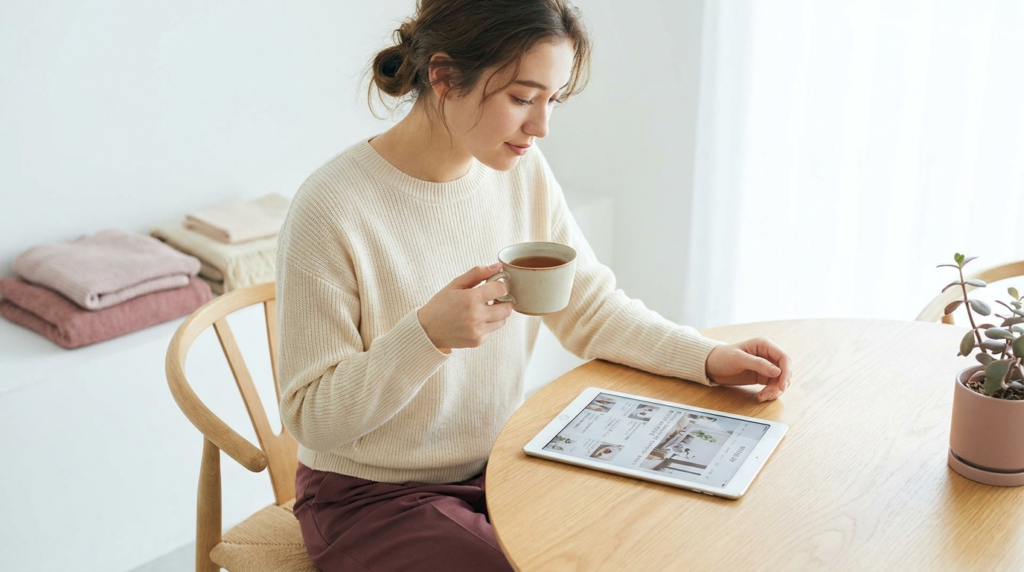 Woman calmly reading wellness information with a cup of tea