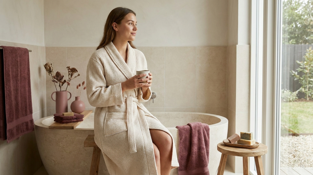 Calm fresh woman in a cream robe in a serene minimal bathroom