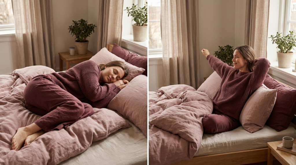 Woman resting peacefully waking in a cozy bed in morning light