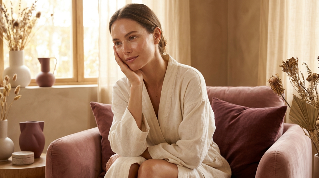 Woman with healthy glowing skin gently touching her cheek