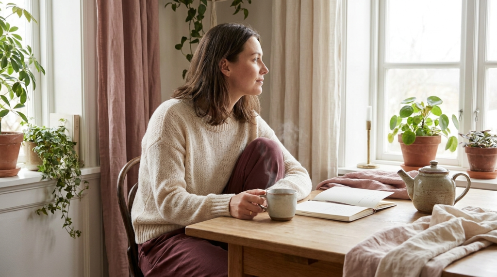Woman in a calm morning wellness routine with tea and a journal