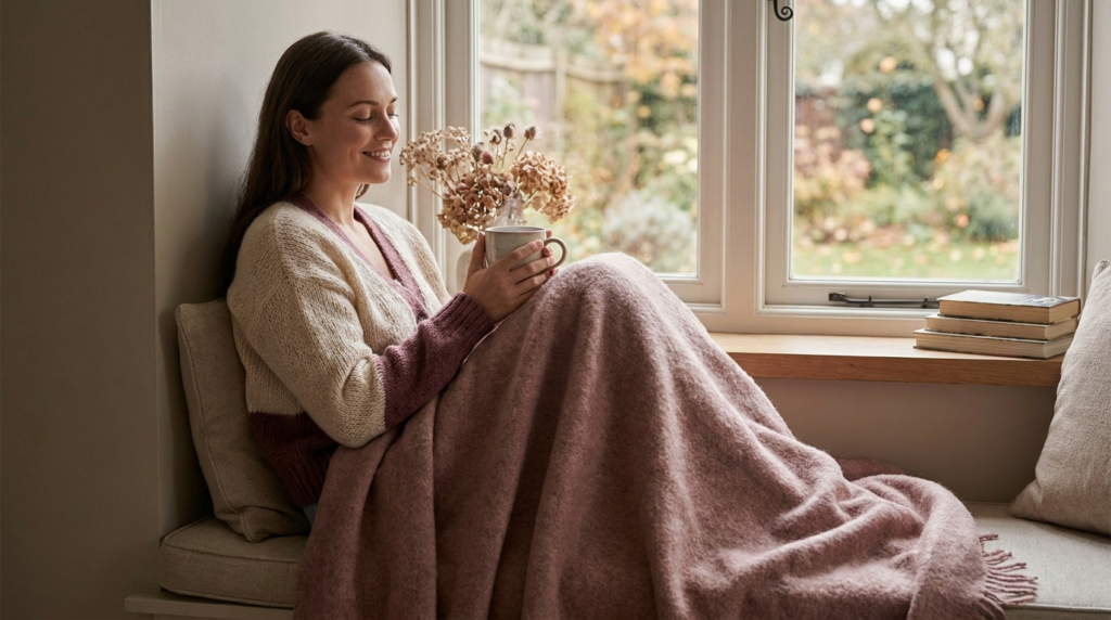 Woman recovering cozy with tea and a soft blanket by a window