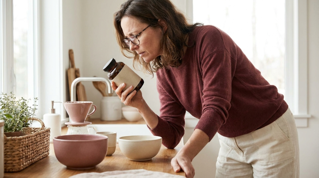 Woman reading a supplement bottle label closely in a bright kitchen